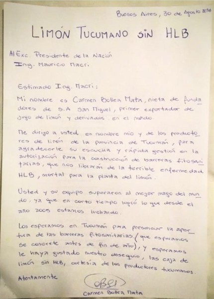 La lettera di Carmen per il presidente argentino Macri Carmen Bollea Lettera Macri rid